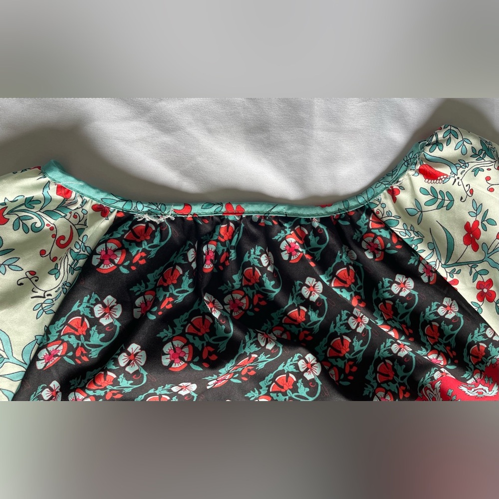 Patchwork Boho Peasant Blouse Top 2XL Floral Spring Balloon Sleeve Casual Tassel - Picture 15 of 16